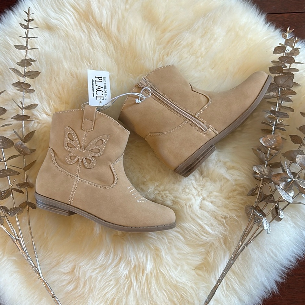 NWT Children’s place Toddler Girls beige butterfly ankle shooties side zip boots